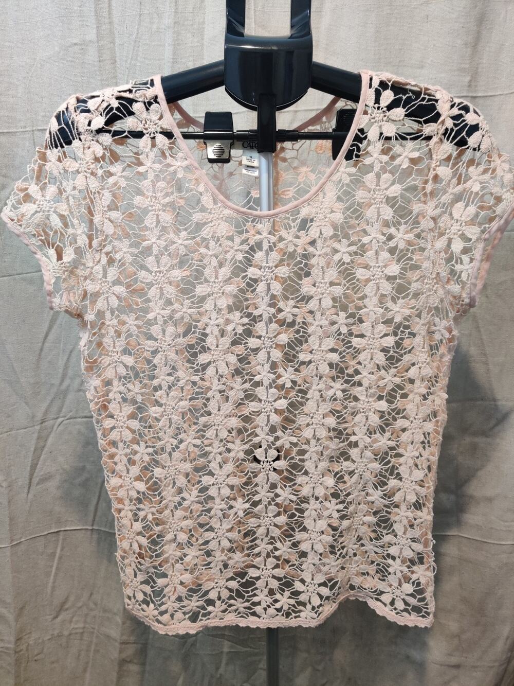 Cato Lace Blouse Women's Size Medium Pink Floral Cottagecore Short Sleeve